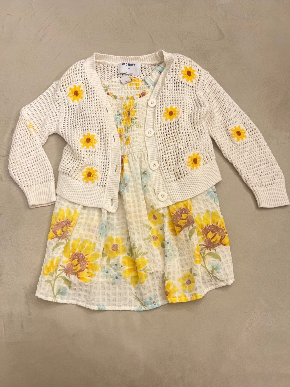 Old Navy Sunflower Printed Flutter-Sleeve Smocked Dress & Matching Cardigan 3T